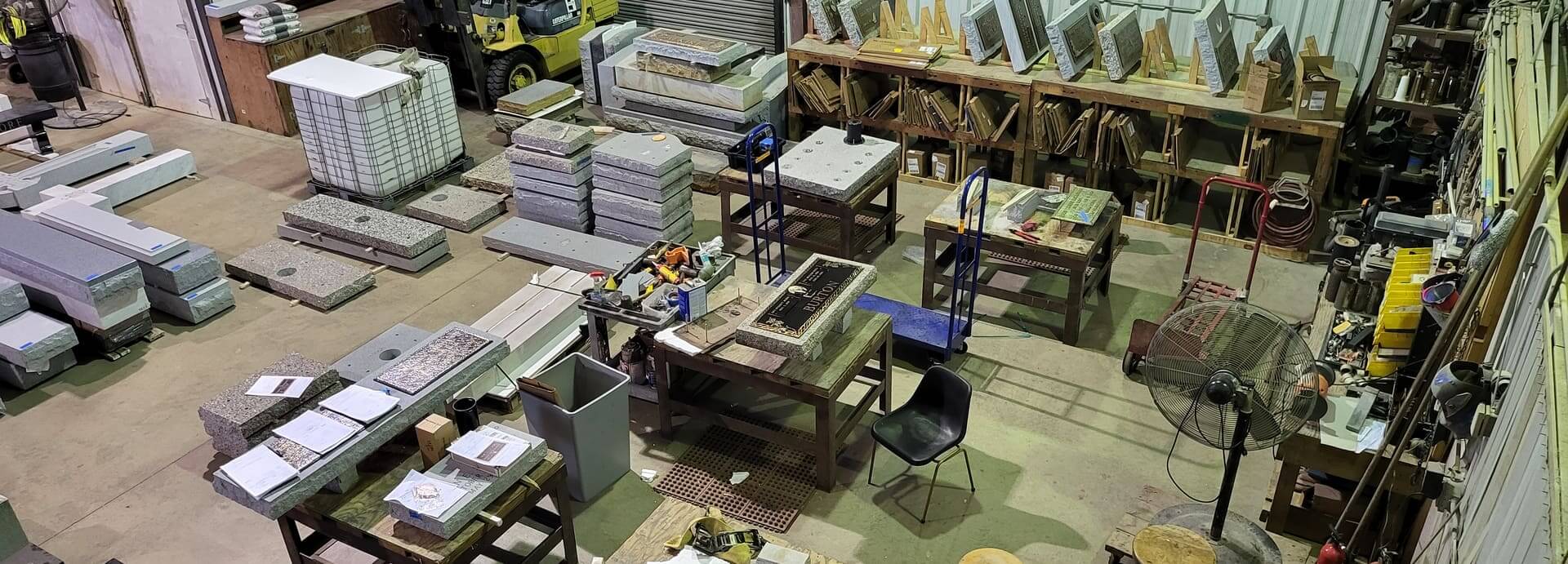 The Clark production floor with monuments in progress on benches